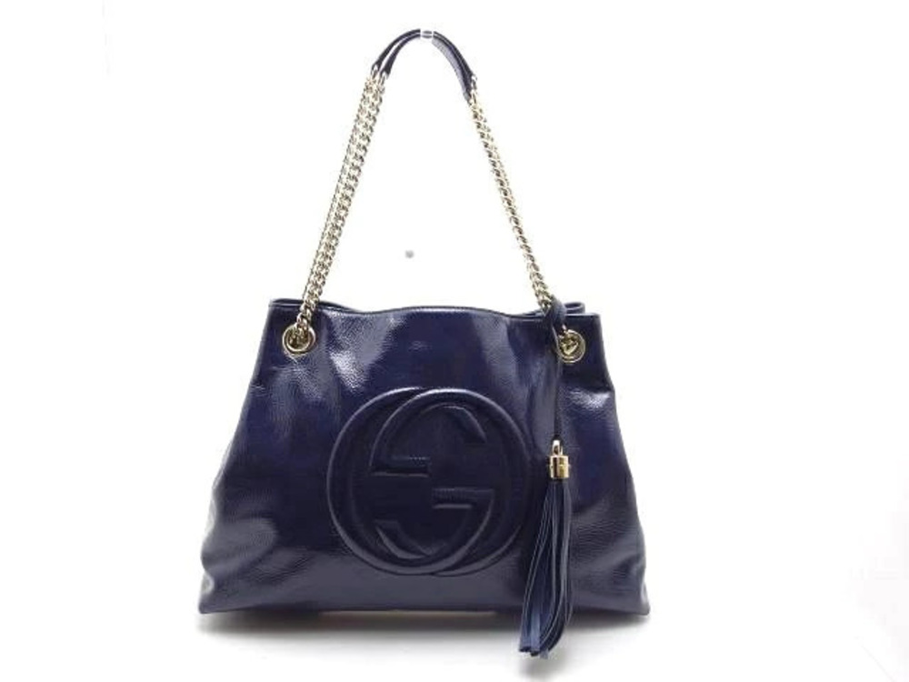 Gucci Soho Fringe Shoulder Bag Enamel Navy Blue